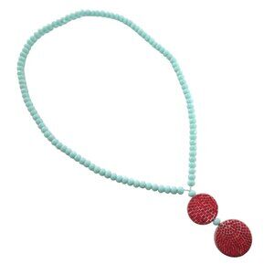 Facteted glass bead necklace w mosaic Pendant turquoise & red